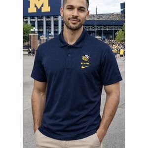 Nike Michigan Wolverines Navy Dri-Fit Polo Shirt Vintage Mascot Logo Mens Medium